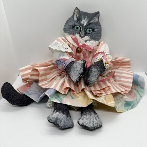 SOLD Vintage Cat Doll Handmade Hand Painted Wood Fabric Lace Art Candy Stripe - Picture 1 of 6